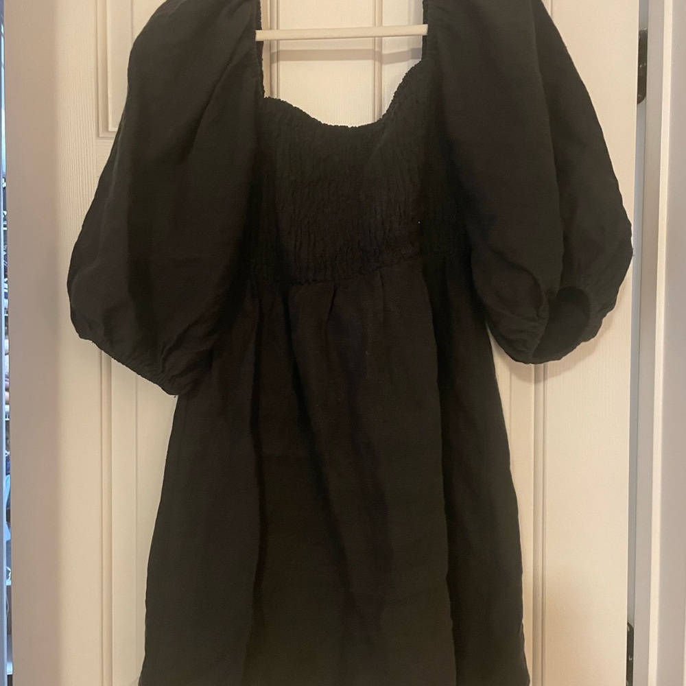 Stylish Tuckernuck Black Linen Puff Sleeve Dress, Size Large
